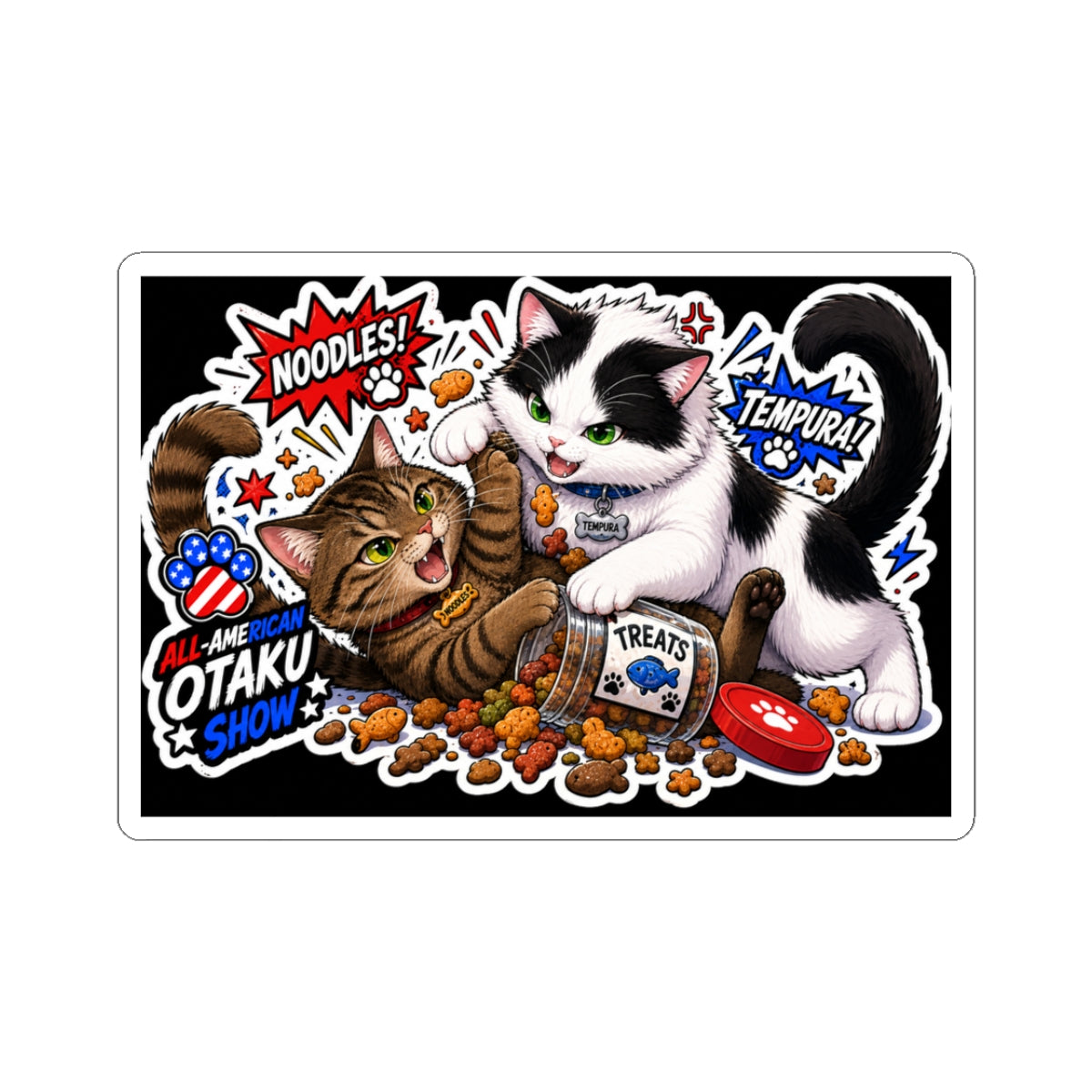 Noodles and tempura having a classic bout over treats sticker
